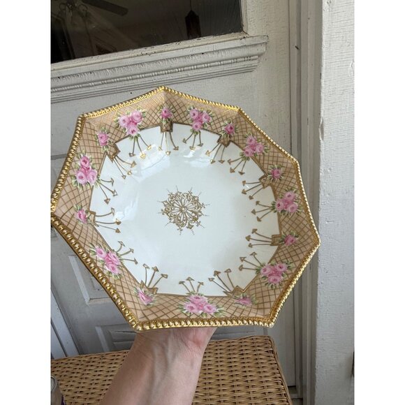 Antique 1920s Nippon Serving Bowl Hand Painted Gold Roses Floral - Picture 10 of 16